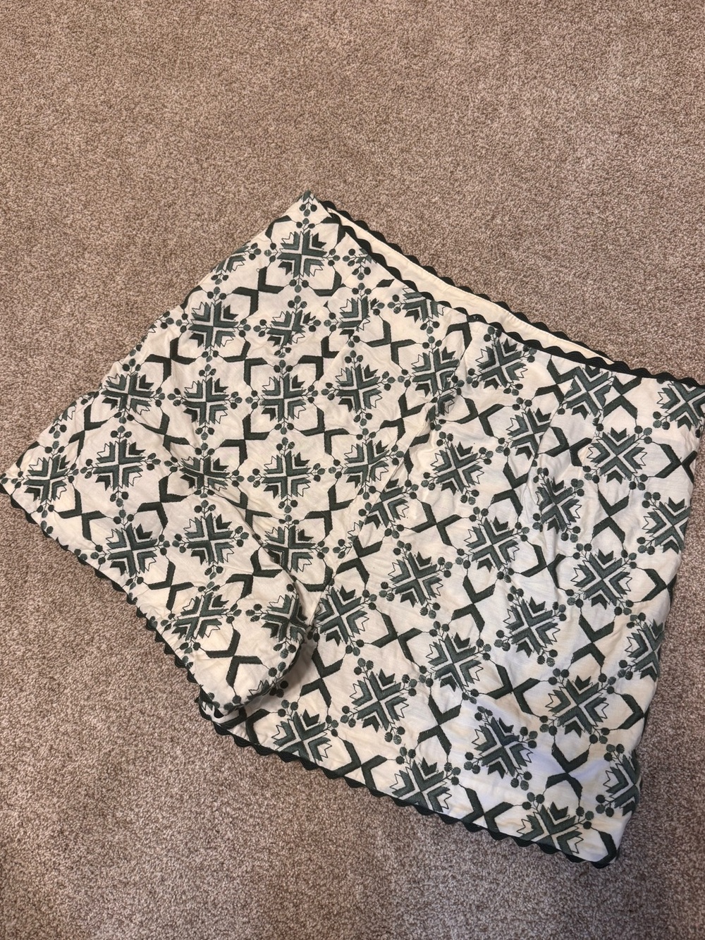 Zara Cream Shorts with Dark Green Geometric Print and Scalloped Trim